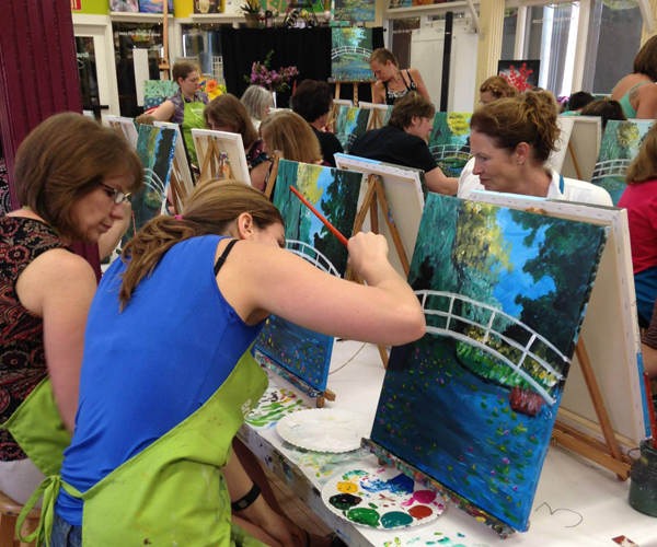 Hosting at our Studio Painting options: Canvas, Wine Glasses or Lighted Bottles.